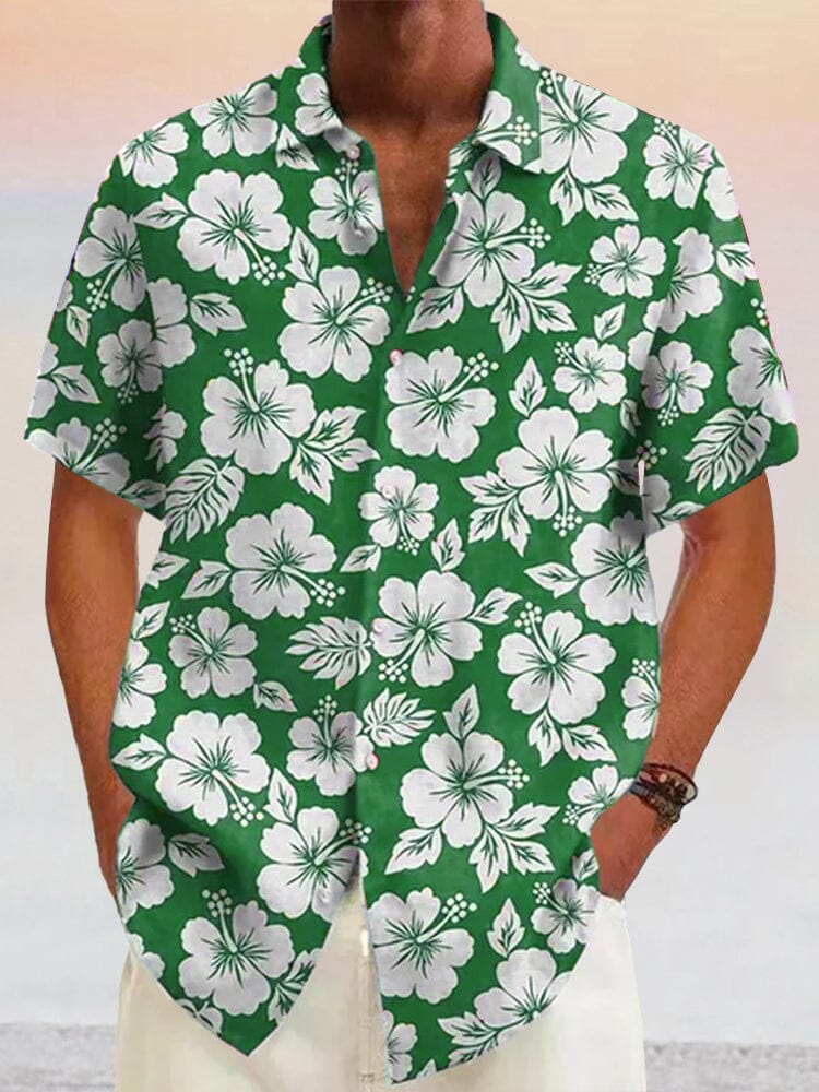 Hawaiian Flower Printed Cotton Linen Holiday Shirt Shirts coofandystore Green S 