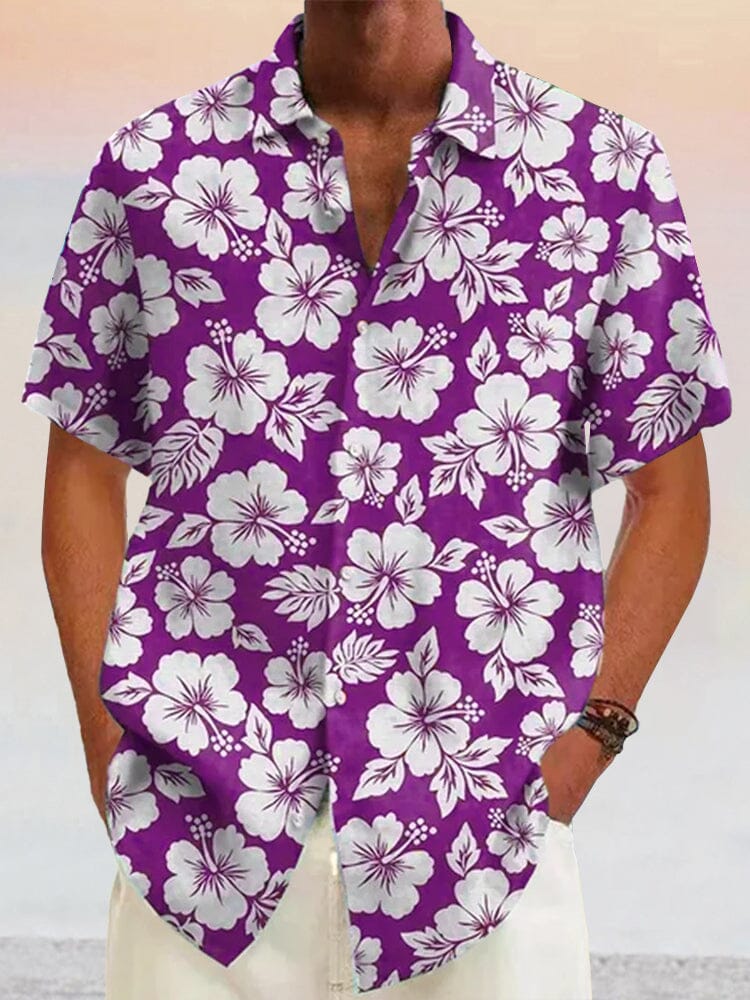 Hawaiian Flower Printed Cotton Linen Holiday Shirt Shirts coofandystore Purple S 
