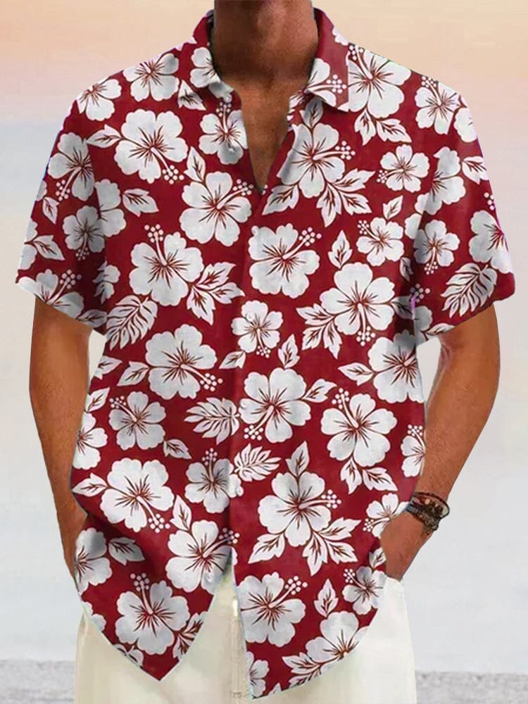 Hawaiian Flower Printed Cotton Linen Holiday Shirt Shirts coofandystore Red S 