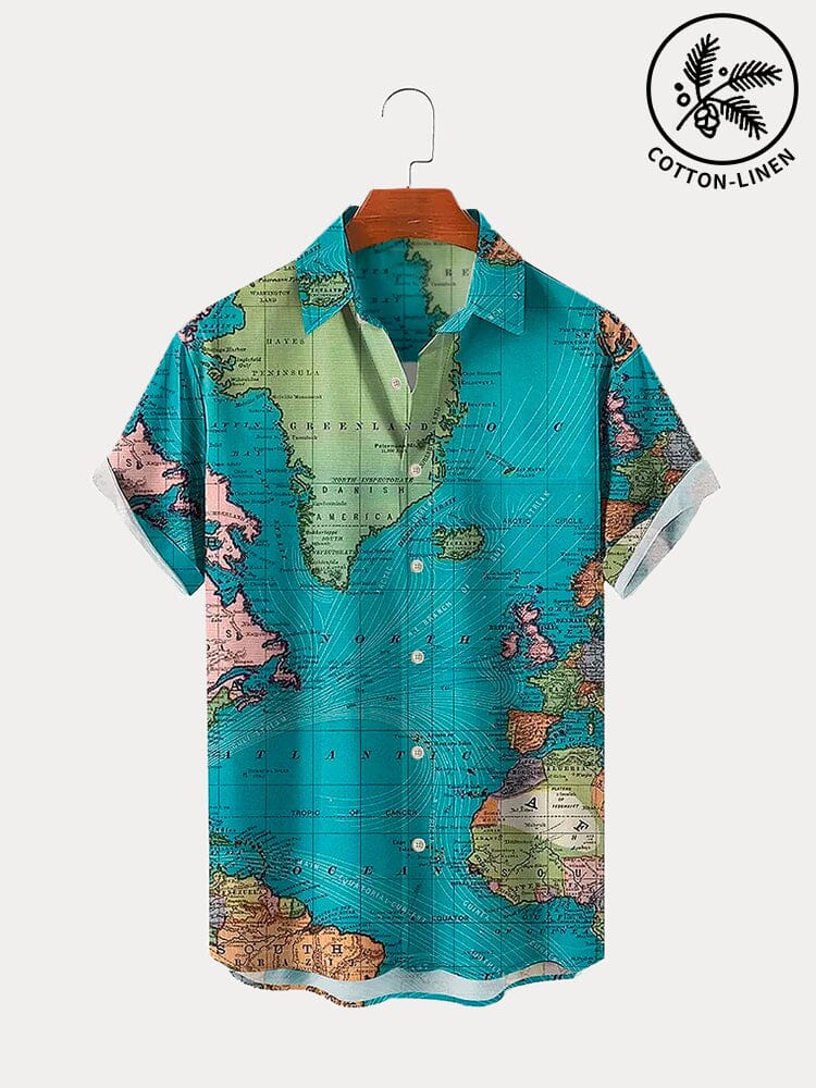 Stylish Map Pattern Cotton Linen Shirt - Comfortable & Versatile – COOFANDY