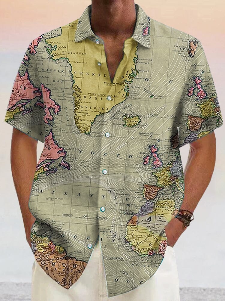 Stylish Map Pattern Cotton Linen Shirt Shirts coofandystore Khaki S 