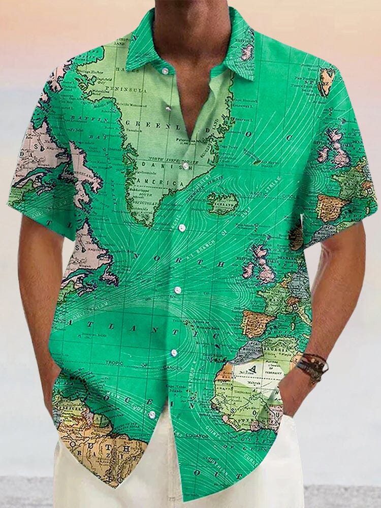 Stylish Map Pattern Cotton Linen Shirt Shirts coofandystore Light Green S 