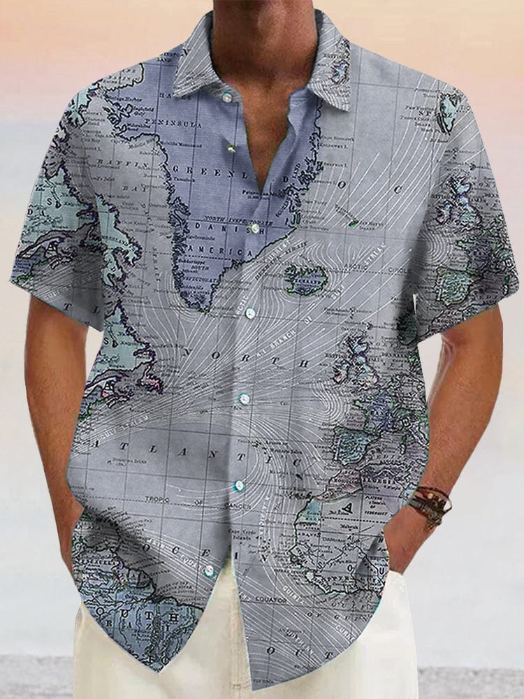 Stylish Map Pattern Cotton Linen Shirt Shirts coofandystore Grey S 