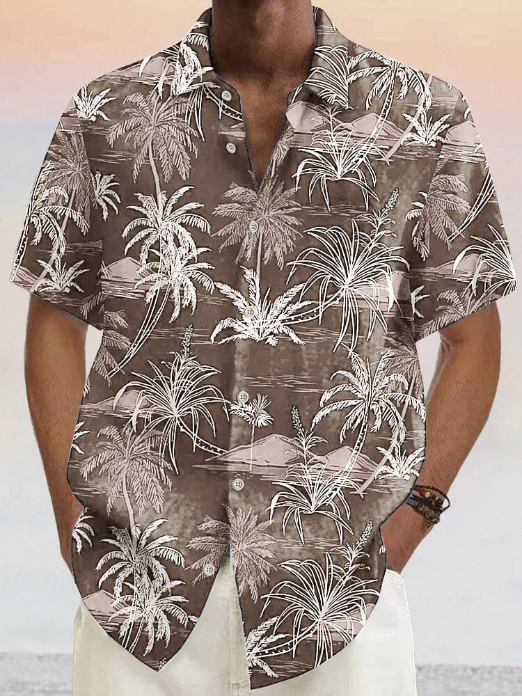 Hawaiian Style Printed Cotton Linen Shirt Shirts coofandystore Brown S 