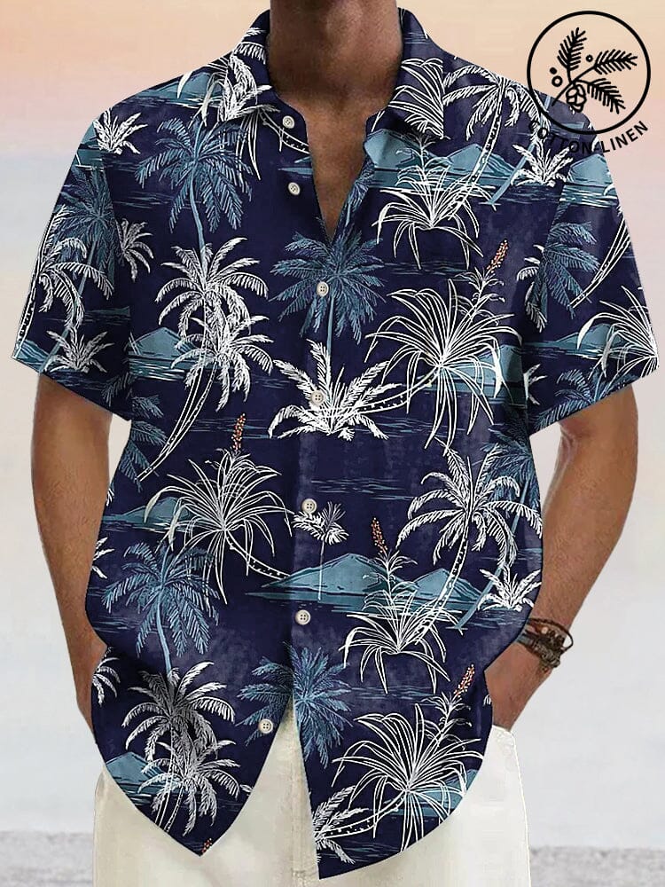 Hawaiian Style Printed Cotton Linen Shirt Shirts coofandystore Navy Blue S 