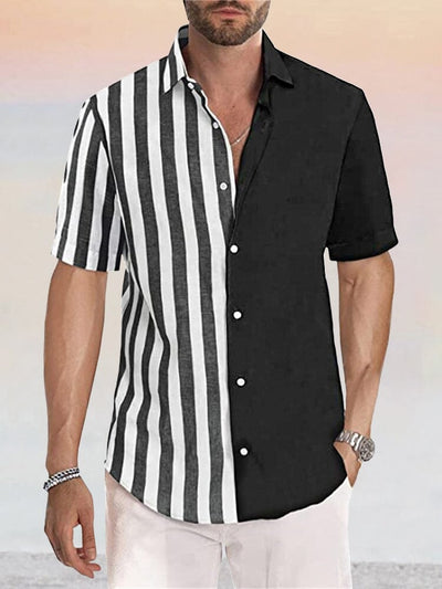 Casual Linen Style Stripe Splicing Shirt Shirts coofandystore Black S 