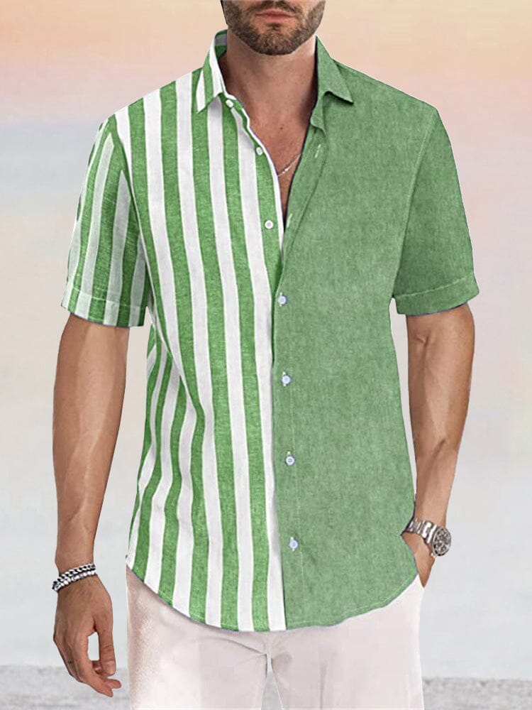 Casual Linen Style Stripe Splicing Shirt Shirts coofandystore Green S 