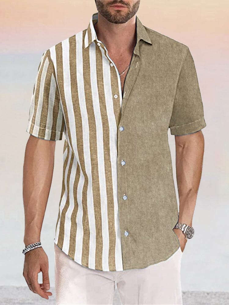 Casual Linen Style Stripe Splicing Shirt Shirts coofandystore Khaki S 