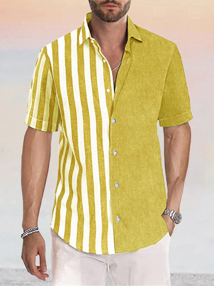 Casual Linen Style Stripe Splicing Shirt Shirts coofandystore Yellow S 