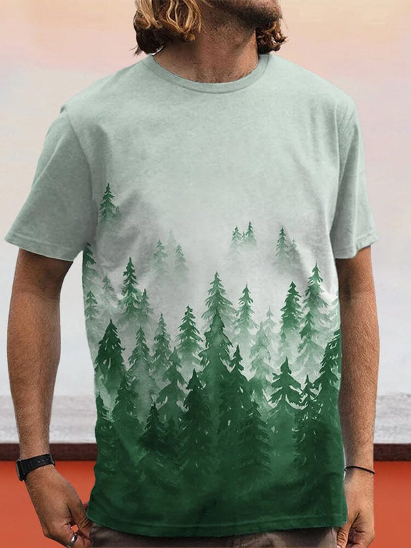 Casual Forest Printed Round Neck T-shirt Shirts coofandystore Green S 