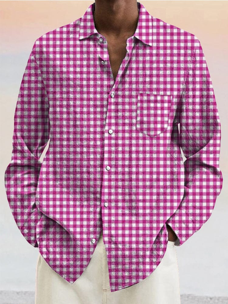 Classic Plaid Cotton Linen Shirt Shirts coofandystore Pink S 
