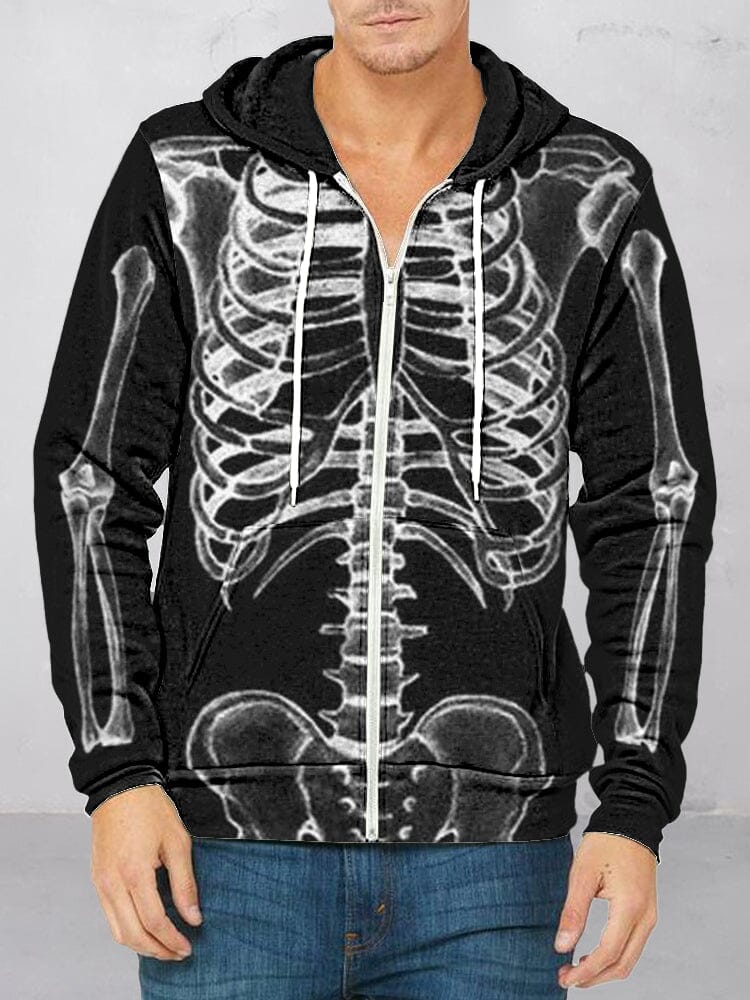 Skeleton Printed Zip Up Hoodie Hoodies coofandy Black S 