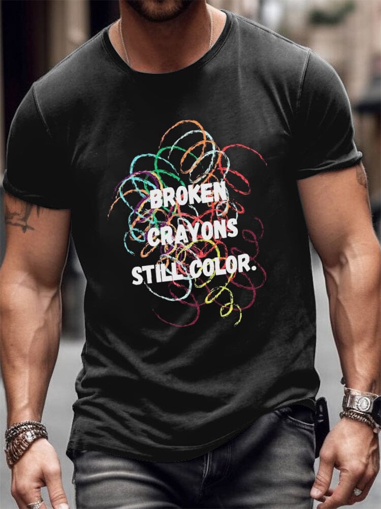 Broken Crayons Still Color Printed Top T-Shirt coofandy Black S 