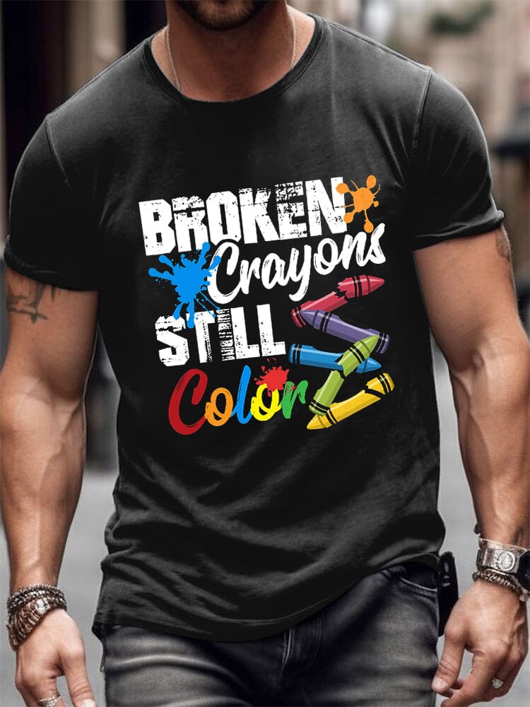 Colorful Broken Crayons Still Color Graphic Tee T-Shirt coofandy Black S 
