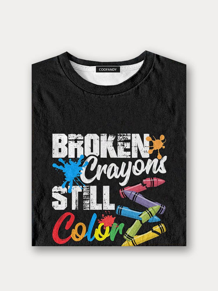 Colorful Broken Crayons Still Color Graphic Tee T-Shirt coofandy 