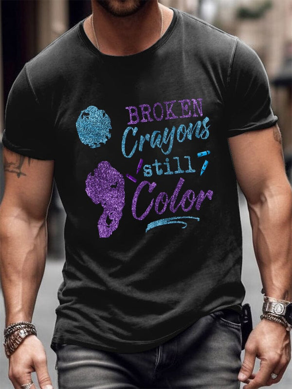 Broken Crayons Still Color Graphic Top T-Shirt coofandy Black S 