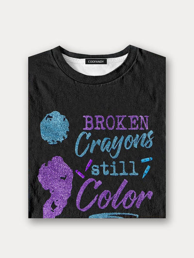 Broken Crayons Still Color Graphic Top T-Shirt coofandy 
