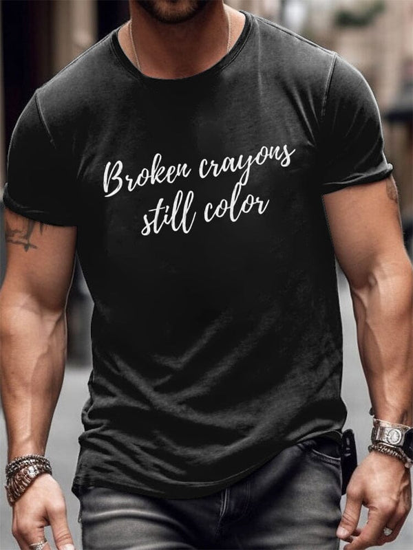 Broken Crayons Still Color Word Printed Tee T-Shirt coofandy Black S 