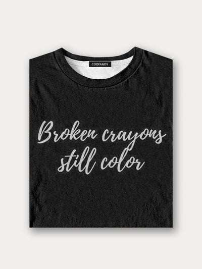 Broken Crayons Still Color Word Printed Tee T-Shirt coofandy 