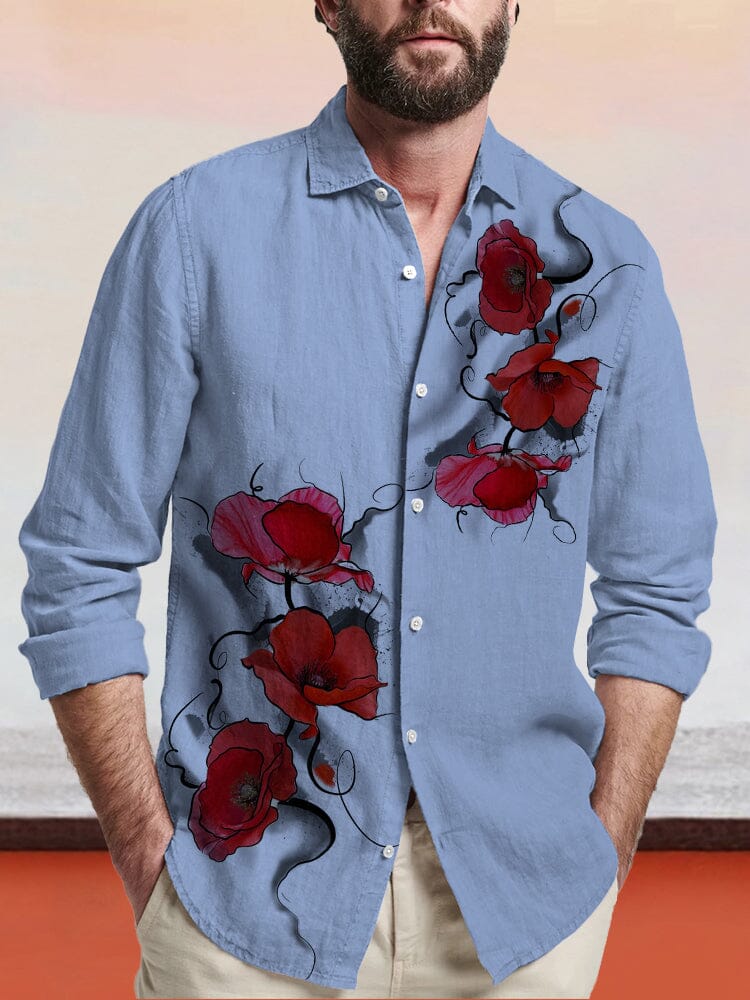 Flower Printed Cotton Linen Shirt Shirts coofandy Blue S 