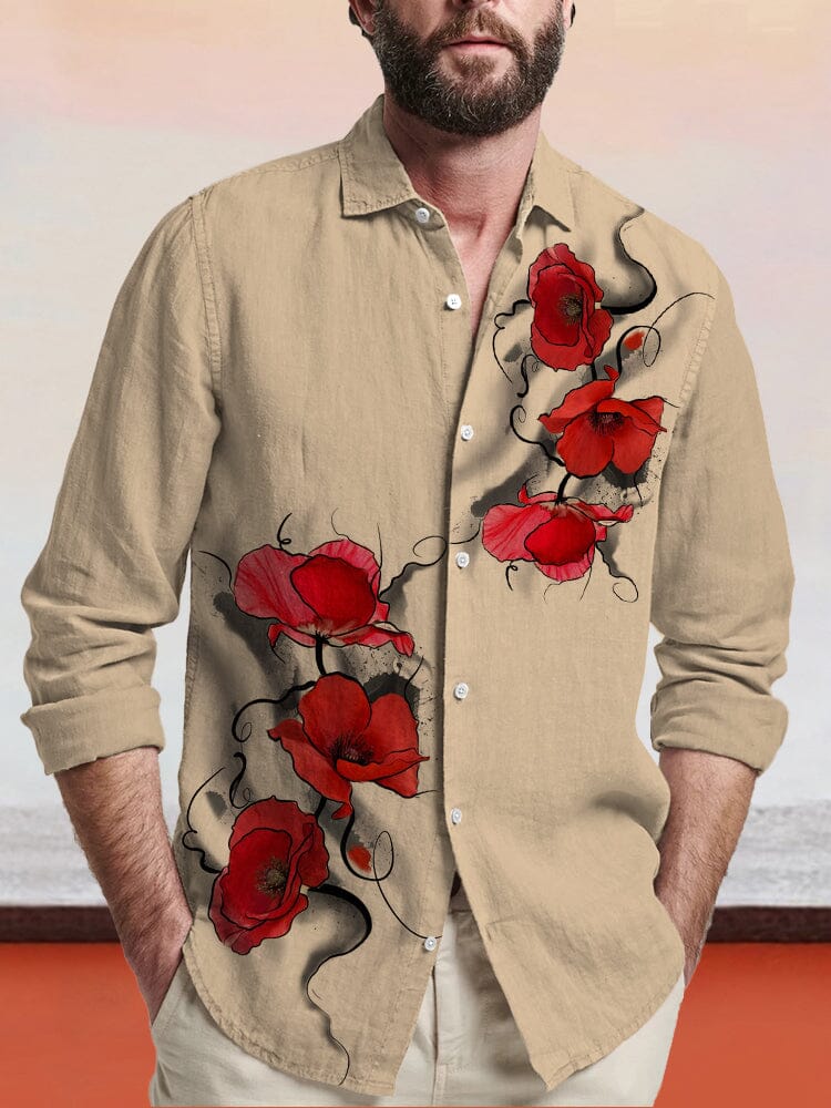 Flower Printed Cotton Linen Shirt Shirts coofandy Khaki S 