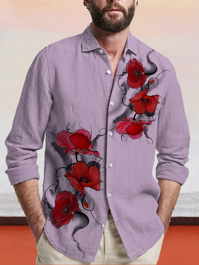Flower Printed Cotton Linen Shirt Shirts coofandy Lavender S 