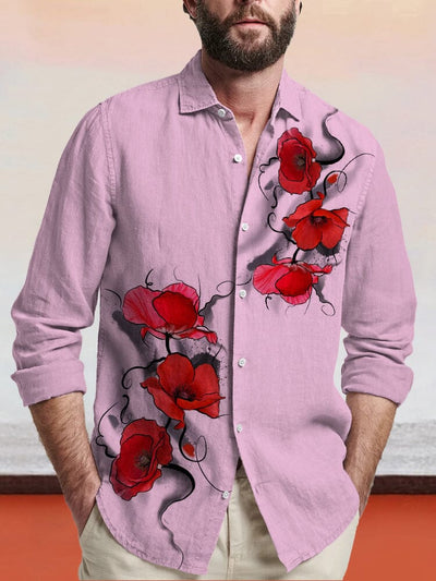Flower Printed Cotton Linen Shirt Shirts coofandy Pink S 