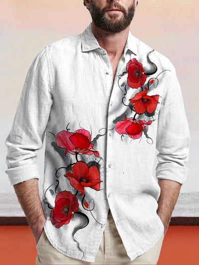 Flower Printed Cotton Linen Shirt Shirts coofandy White S 