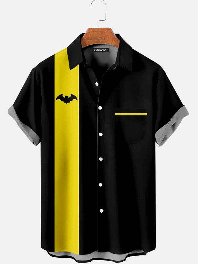Bat Printed Splicing Cottton Linen Shirt Shirts coofandy Yellow S 
