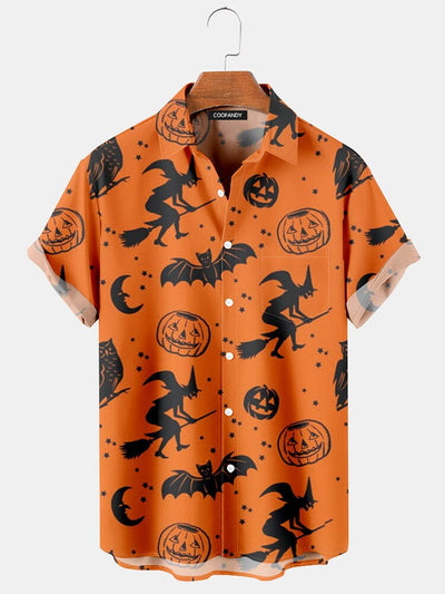 Pumpkin Witch Printed Cotton Linen Shirt Shirts coofandy Orange S 