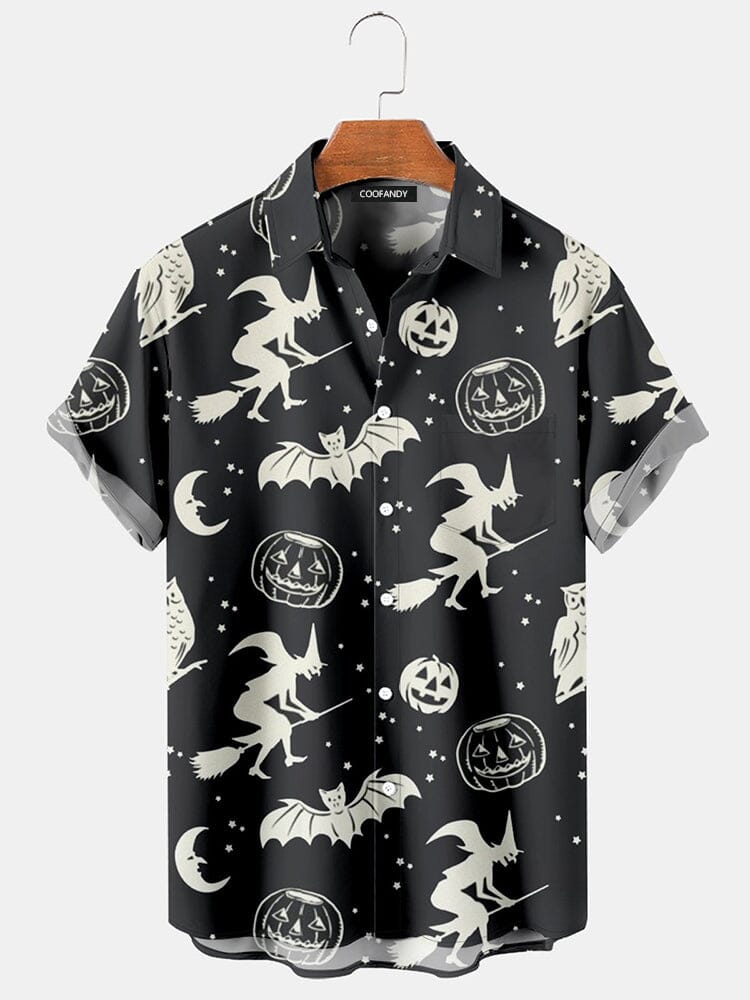 Pumpkin Witch Printed Cotton Linen Shirt Shirts coofandy Black S 