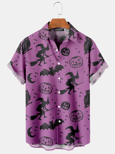 Pumpkin Witch Printed Cotton Linen Shirt Shirts coofandy Purple S 