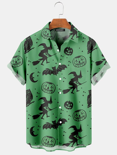 Pumpkin Witch Printed Cotton Linen Shirt Shirts coofandy Green S 