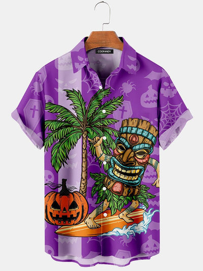 Funny Pumpkin Graphic Cotton Linen Shirt Shirts coofandy Purple S 
