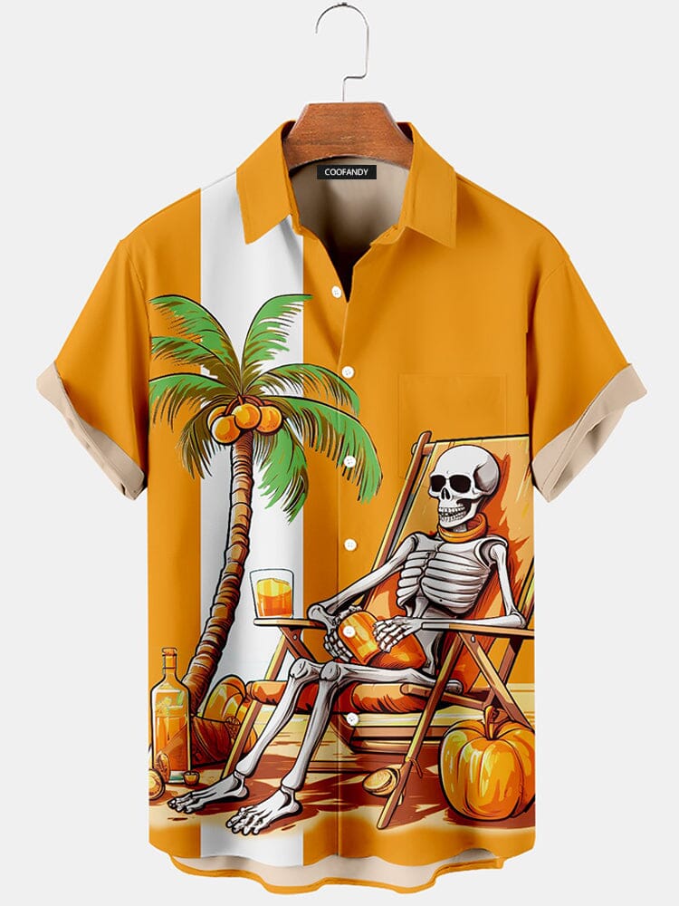 Funny Skeleton Graphic Cotton Linen Shirt Shirts coofandy Orange S 
