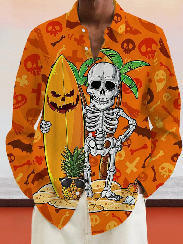 Skull Surfing Graphic Cotton Linen Shirt Shirts coofandy Orange S 