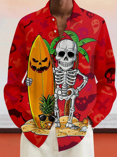 Skull Surfing Graphic Cotton Linen Shirt Shirts coofandy Red S 