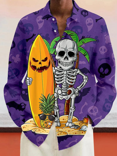 Skull Surfing Graphic Cotton Linen Shirt Shirts coofandy Purple S 