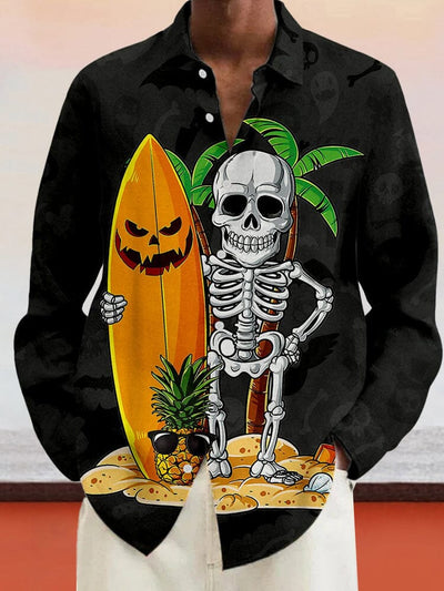 Skull Surfing Graphic Cotton Linen Shirt Shirts coofandy Black S 