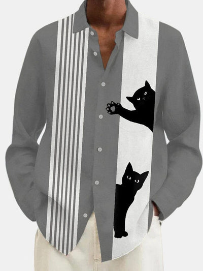 Casual Cat Graphic Cotton Linen Shirt Shirts coofandy Grey S 