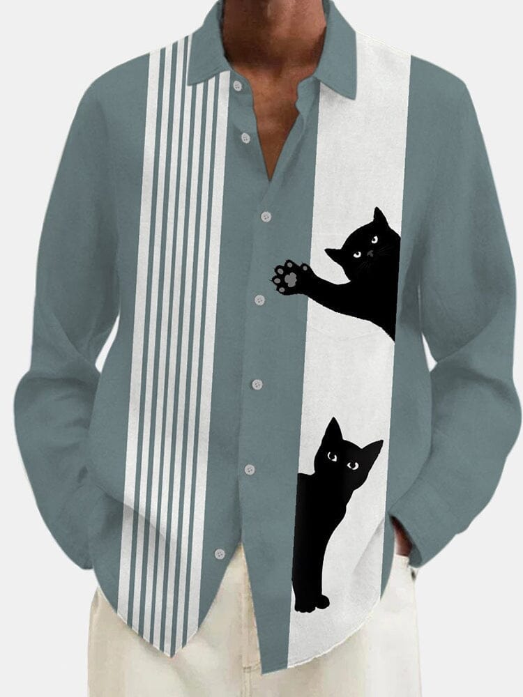 Casual Cat Graphic Cotton Linen Shirt Shirts coofandy Green S 