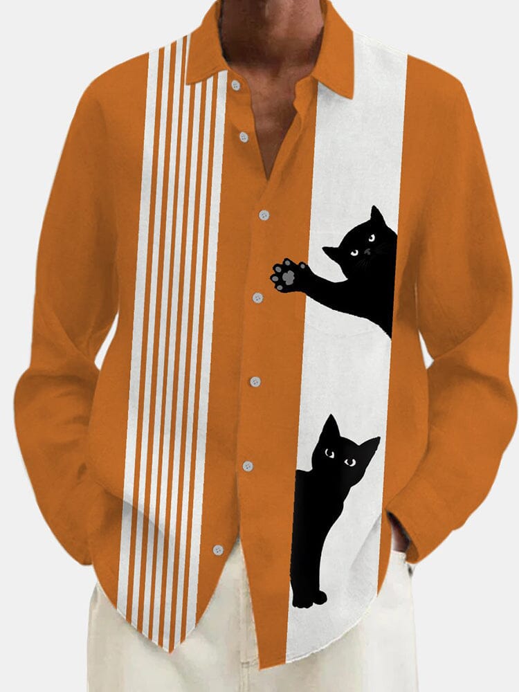 Casual Cat Graphic Cotton Linen Shirt Shirts coofandy Orange S 