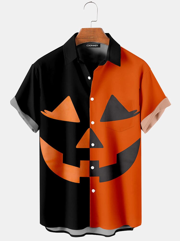 Pumpkin Face Graphic Cotton Linen Shirt Shirts coofandy Orange S 