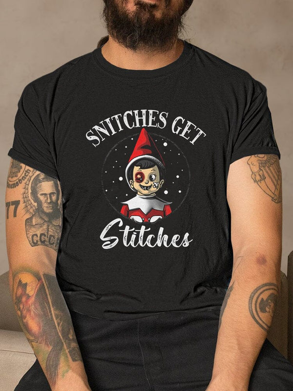 Snitches Get Stitches Printed T-shirt T-Shirt coofandy Black S 