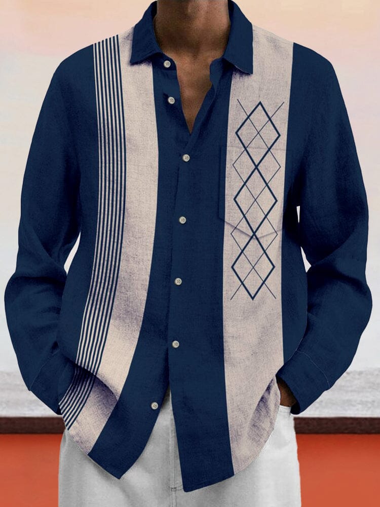 Soft Geometric Printed Cotton Linen Shirt Shirts coofandy Navy Blue S 