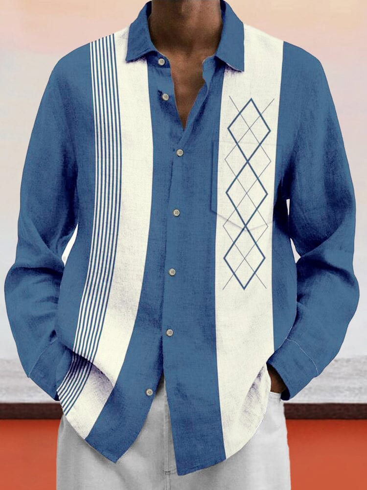 Soft Geometric Printed Cotton Linen Shirt Shirts coofandy Blue S 