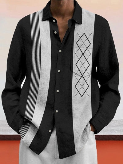 Soft Geometric Printed Cotton Linen Shirt Shirts coofandy Black S 