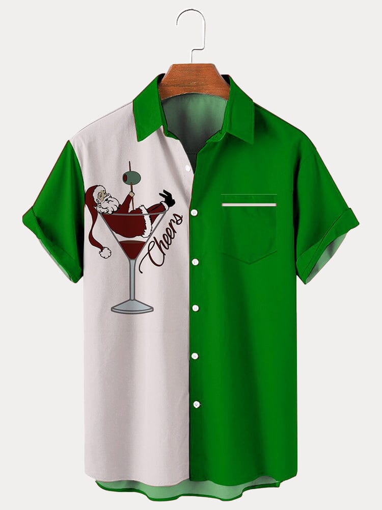 Santa Claus Print Cotton Linen Shirt Shirts coofandy Green S 