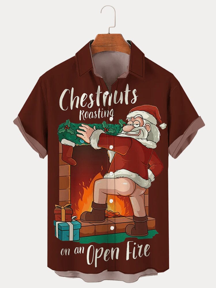 Funny Christmas Print Cotton Linen Shirt Shirts coofandy Wine Red S 