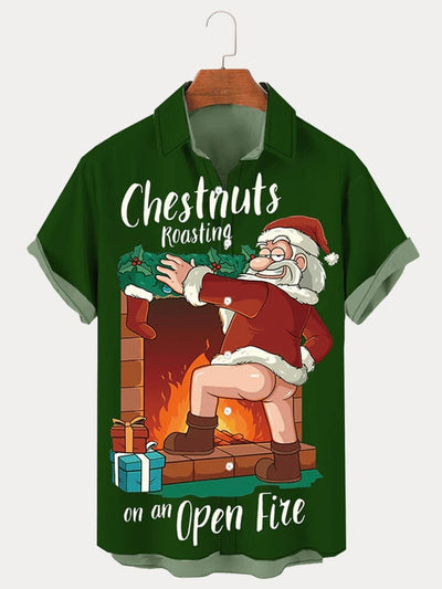 Funny Christmas Print Cotton Linen Shirt Shirts coofandy Green S 